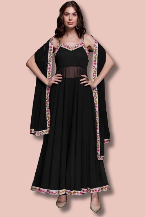 Black Georgette Designer Anarkali Suit with Floral Border