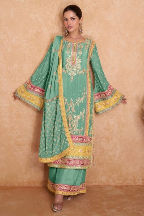 Punjabi Style Green Plazzo Suit in Chinon