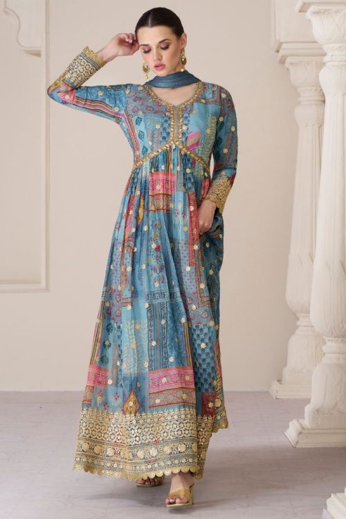 Blue Printed Full Sleeve Organza Anarkali