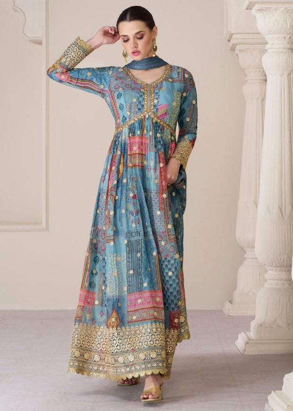 Blue Printed Full Sleeve Organza Anarkali