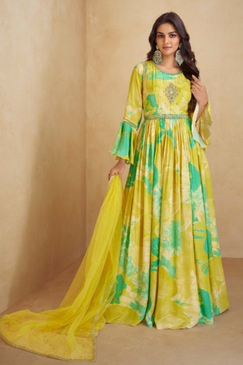 Green Designer Floral Printed Chinon Anarkali Suits For Festival