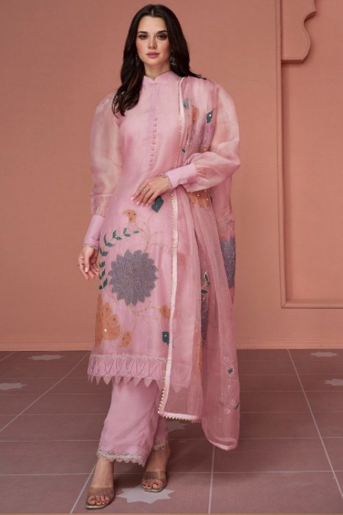 Pink Organza Hand work Pant Style Suit