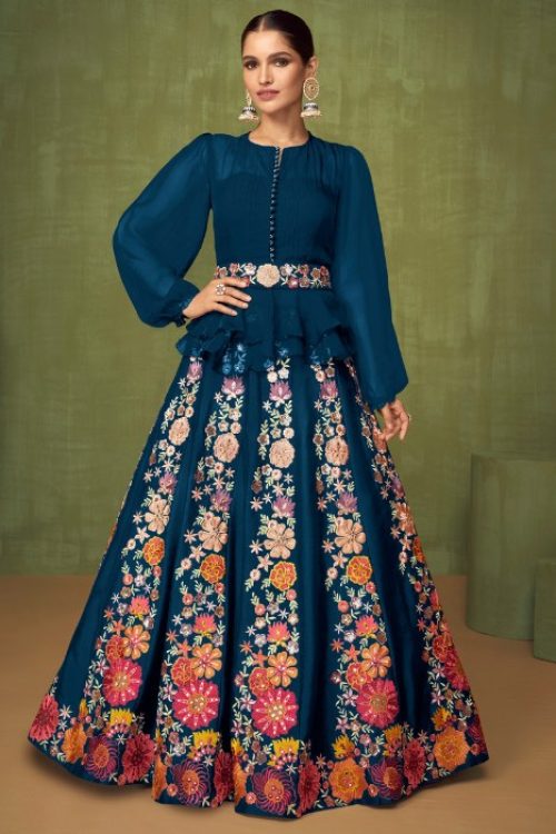 Teal Peplum Top with Lehenga Skirt in Georgette