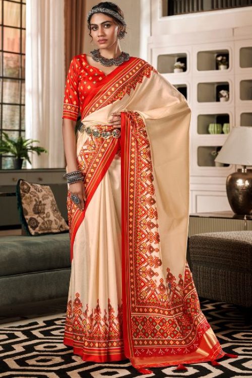 Beige Lagadi Patta Pallu Wedding Patola Silk Saree