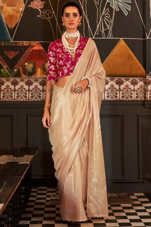 Pink and Cream Colour Combination Viscose Silk Saree