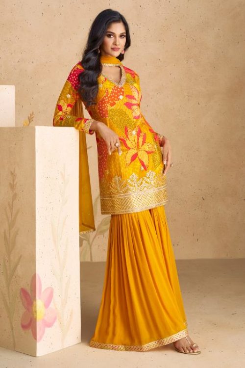 Women Mustard Party Wear Floral Sharara for Haldi