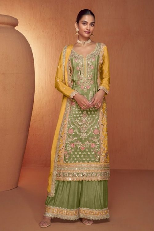 Olive & Yellow Punjabi Suit with Palazzo Pants for Wedding