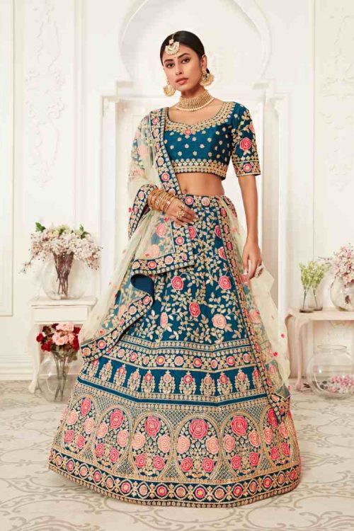 Teal Blue Silk Lehenga for Wedding