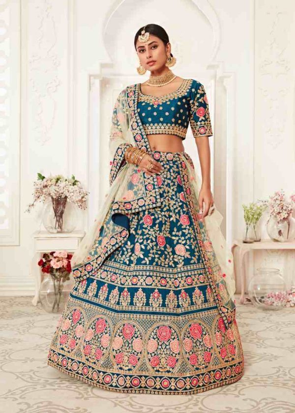 Teal Bblue Silk Lehenga for Wedding