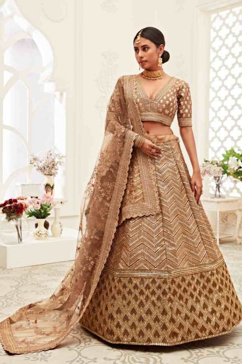 Indian Wedding Golden Brown Bridal Lehenga in Sequin