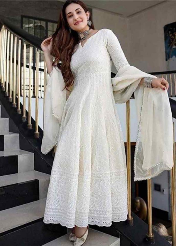 cotton cream chikankari sequin kurti set