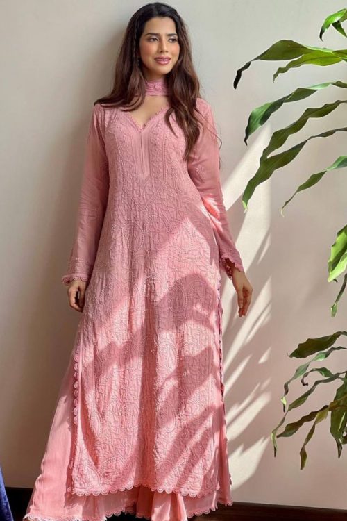 Trendy Pink Georgette Thread Work Long Kurti Plazzo Set