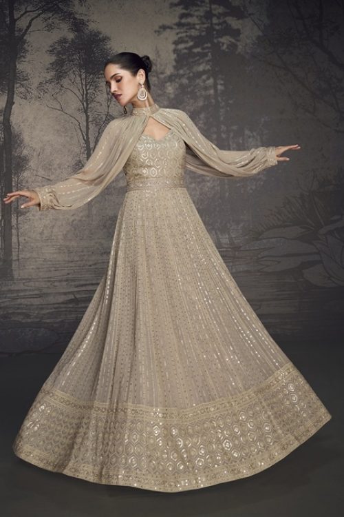 Beige Gold Sequin Designer Lucknowi Styled Gown