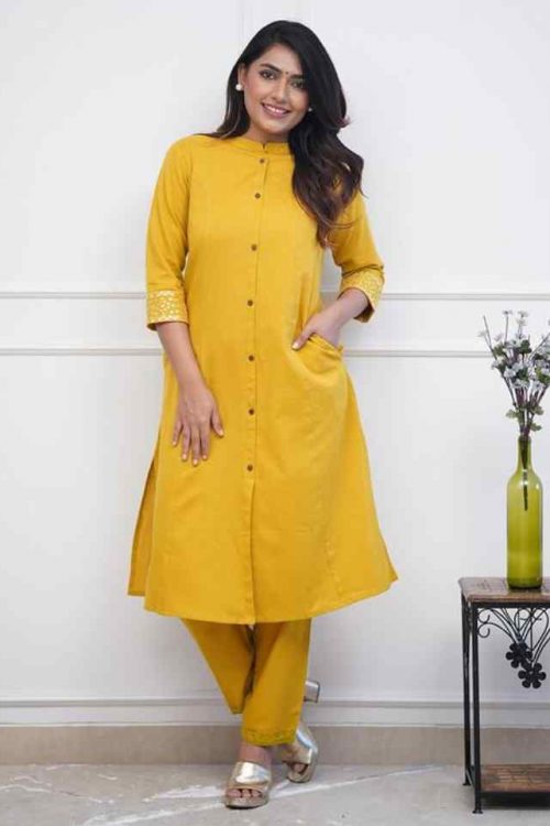 Minimal Yellow Solid Kurti & Pant Coord Set