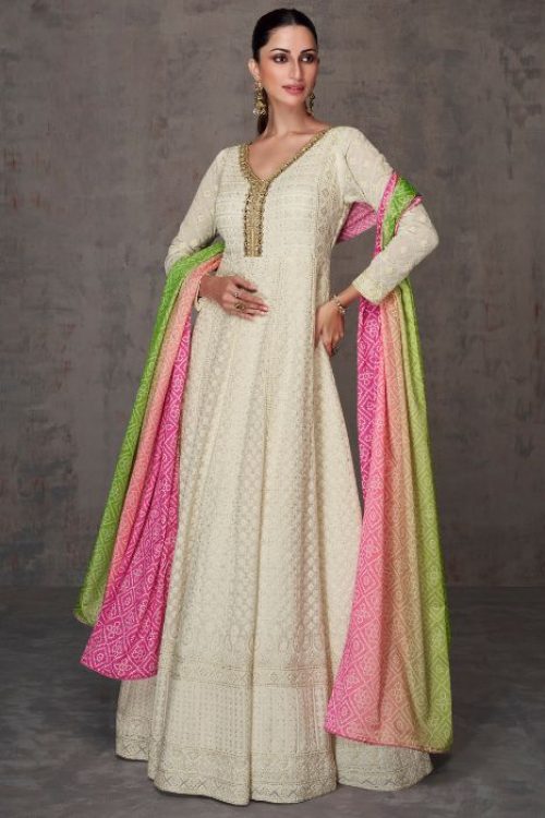 Cream Color Festive Georgette Thread Work Anarkali