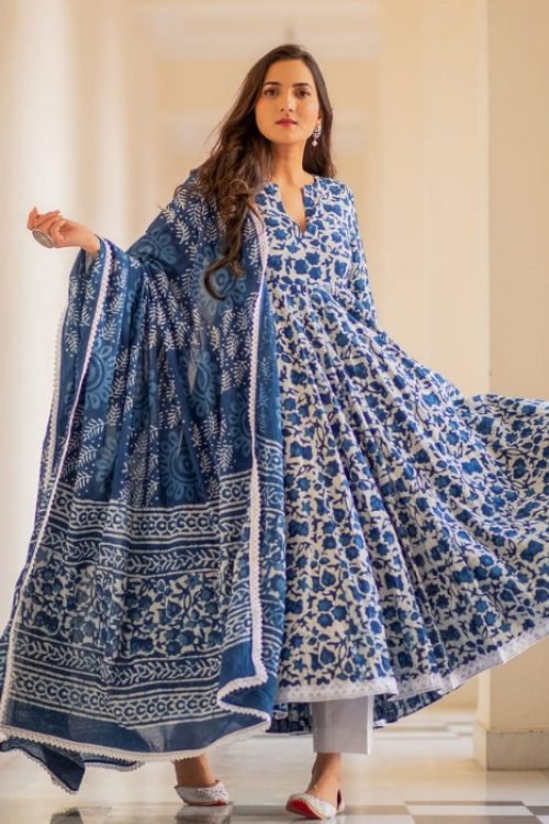 Blue Printed Rayon Anarkali Kurti Set for Woman