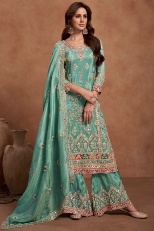 Sky Blue Silk Plazzo Suit for Indian Wedding