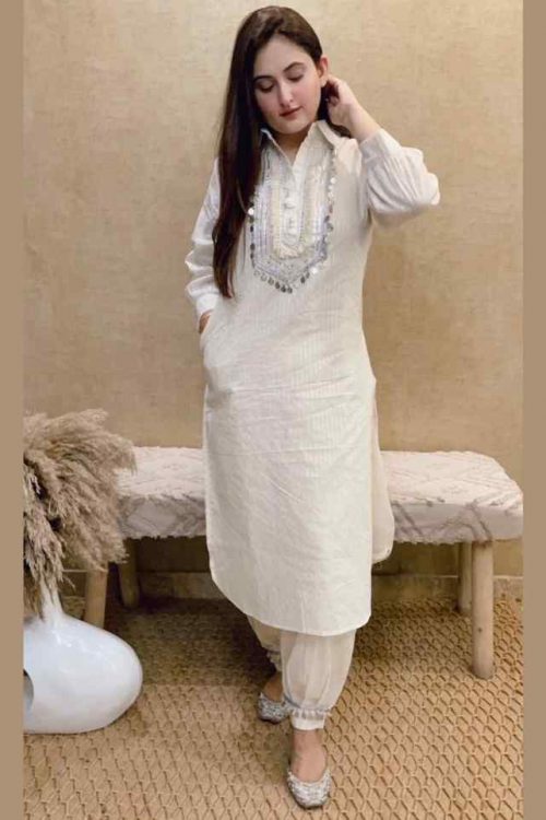 White Afghani Salwar & Kurti Set for Woman