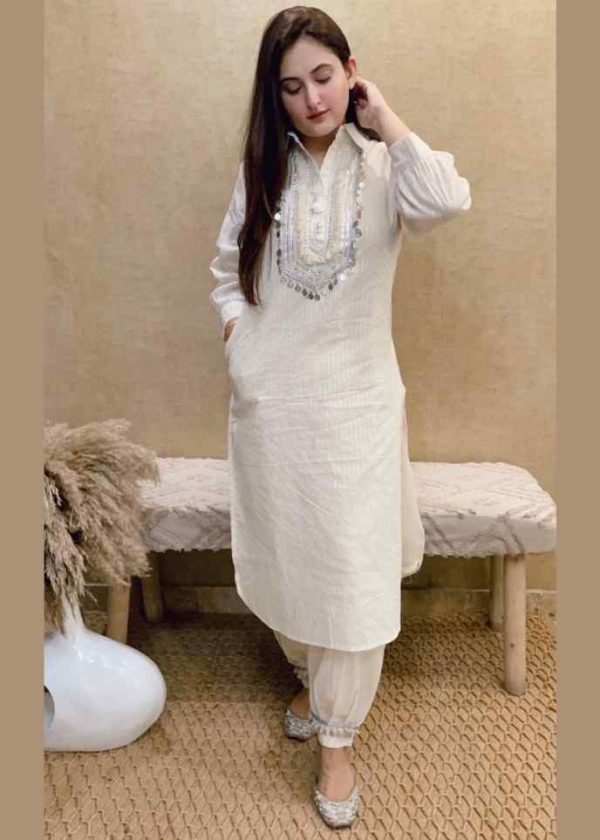 White Afghani Salwar & Kurti Set for Woman