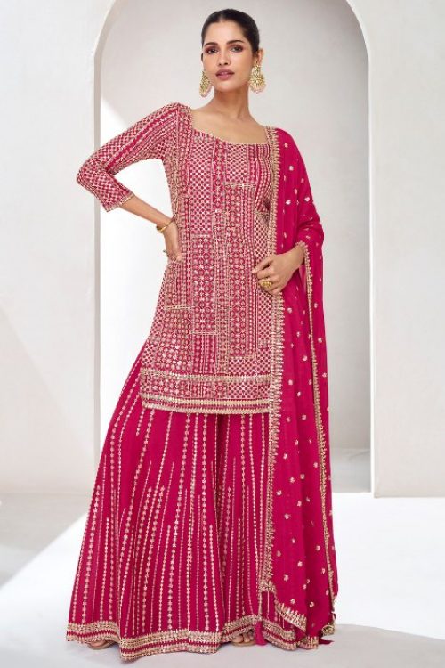 Magenta Pink Punjabi Sharara Suits in Chinon