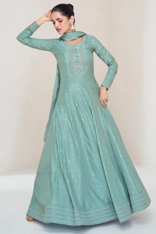 Silk Sky Blue Anarkali Dress in Silk for Party