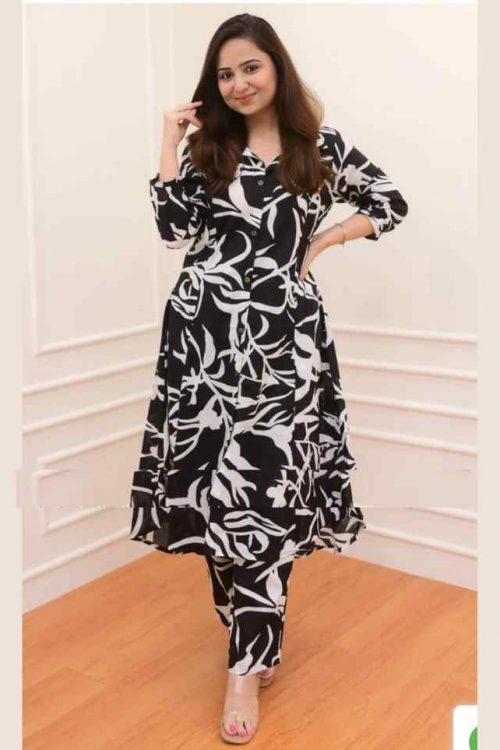 Black Printed rayon A Line Kurti & pant Coord Set