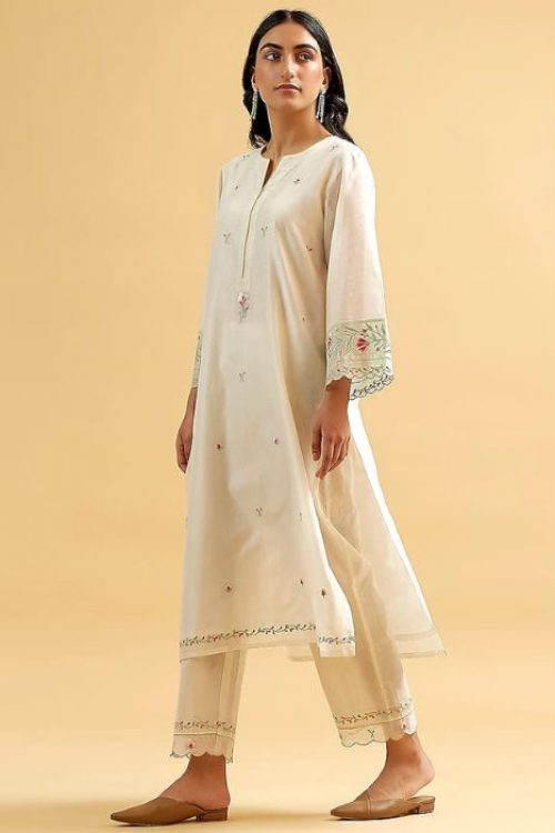 Cotton Cream Embroidery Fancy Kurti & Pant Set