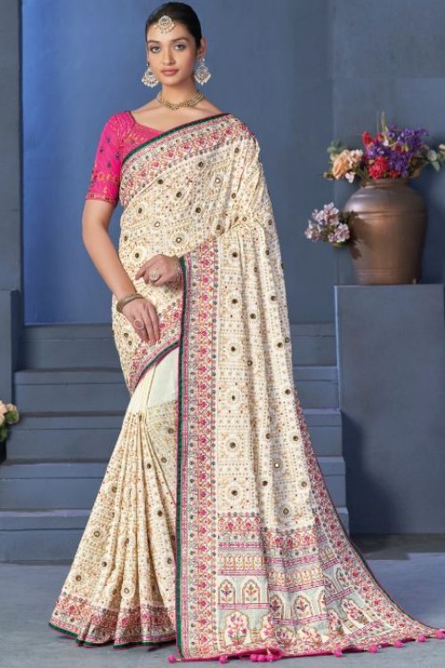 Cream Banarasi Kacchi Hand work Wedding Saree