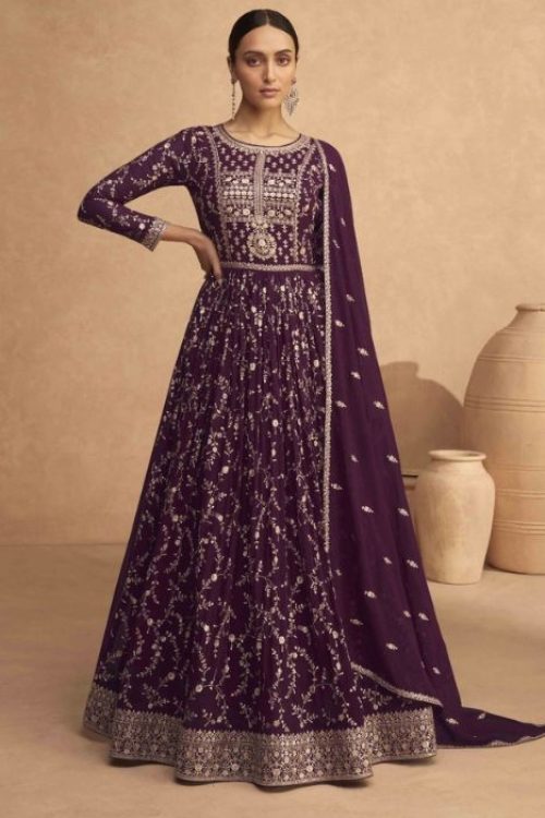 Wine Georgette Thread Embroidery Anarkali Suit