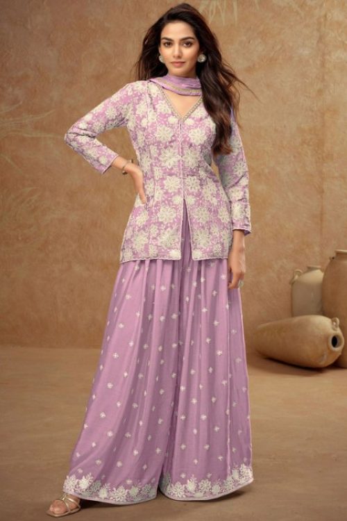 Lavender Embroidered Woman’s Plazzo Dress with Short kurti