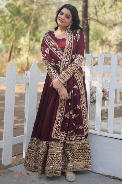 Maroon Silk Sequin Flaired Anarkali