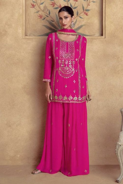 Fuchsia Pink Chinon Minimal Short Kurti & Plazzo Set