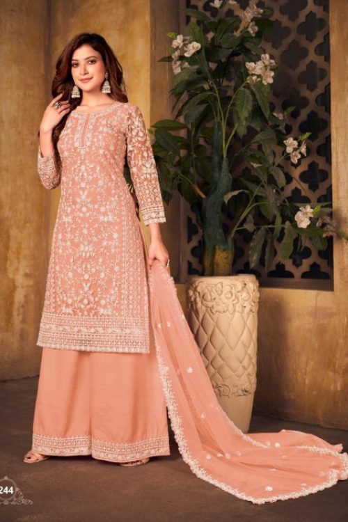 Trendy Woman’s Semi Stitched Plazzo Suit Set in Net