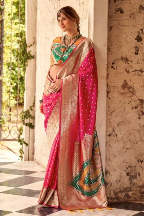 Pink Multi Color Blouse Soft Silk Butti Saree