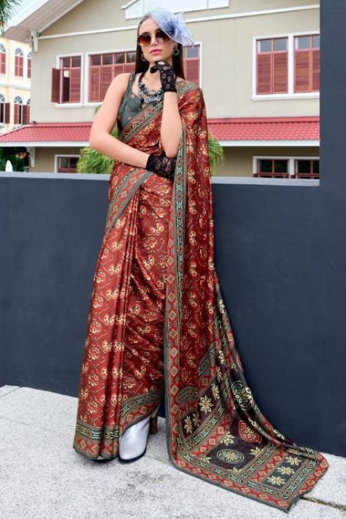 Rust Viscose Printed Woman Fancy Saree