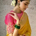 Yellow Kora Banarasi Saree with Pink Blouse