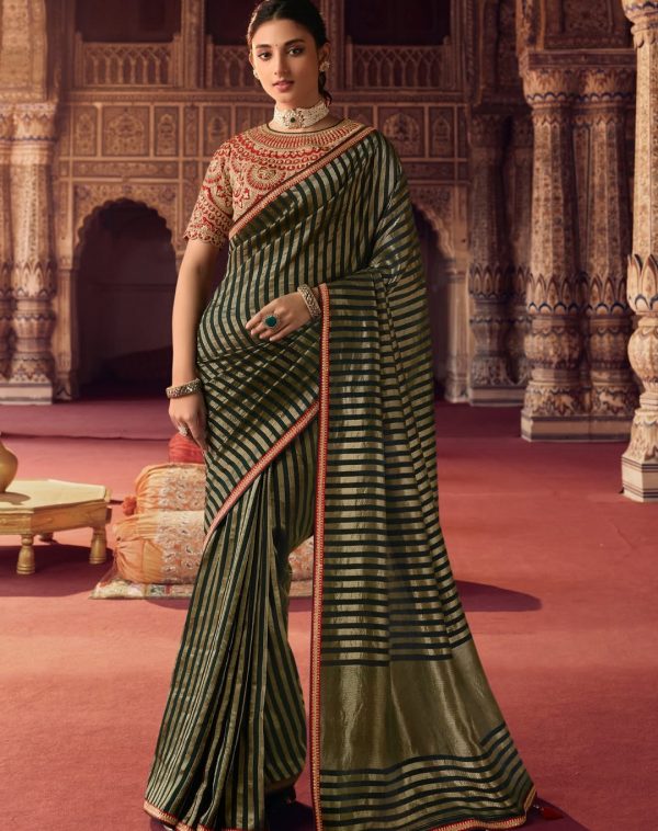 Wedding Wear Striped Green Silk Saree with Red Blouse