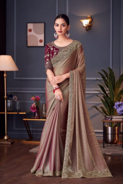 Fawn Glass Silk Saree with Maroon Designer Blouse