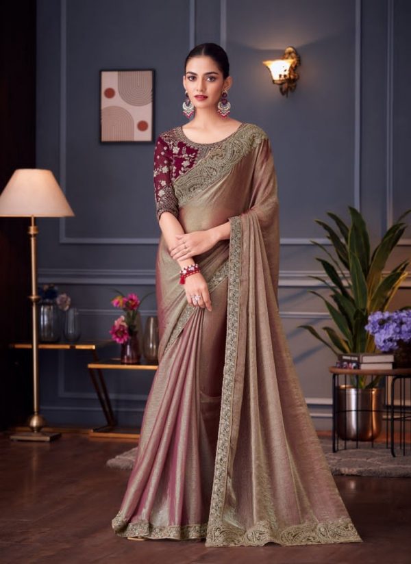 Fawn Glass Silk Saree with Maroon Designer Blouse