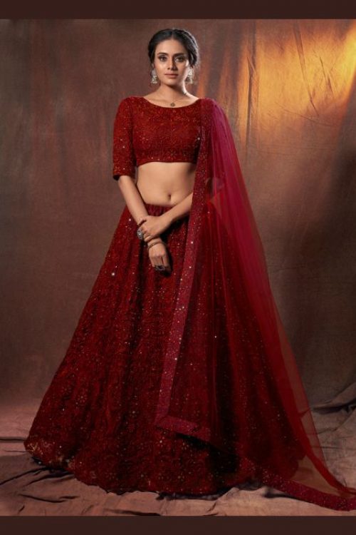 Red Embroidered Lehenga Choli in Net for Wedding