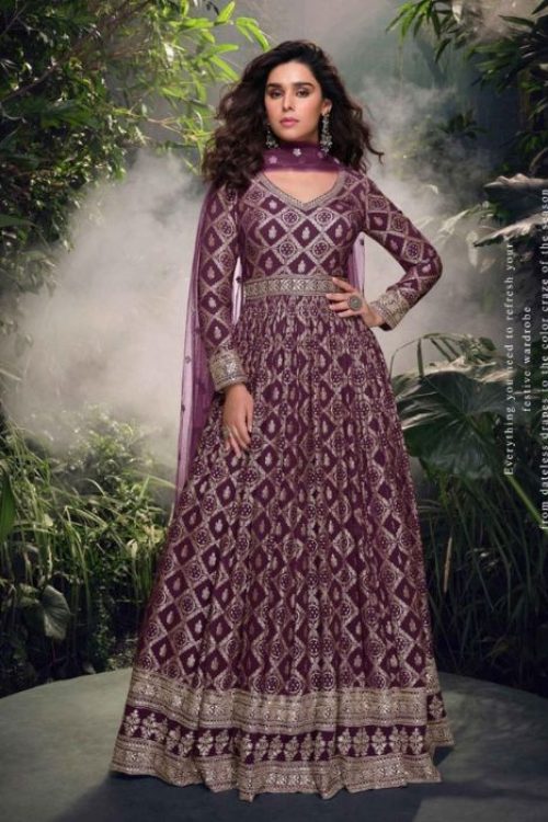 Purple Jaquard Silk Wedding Wear Anarkali for Woman