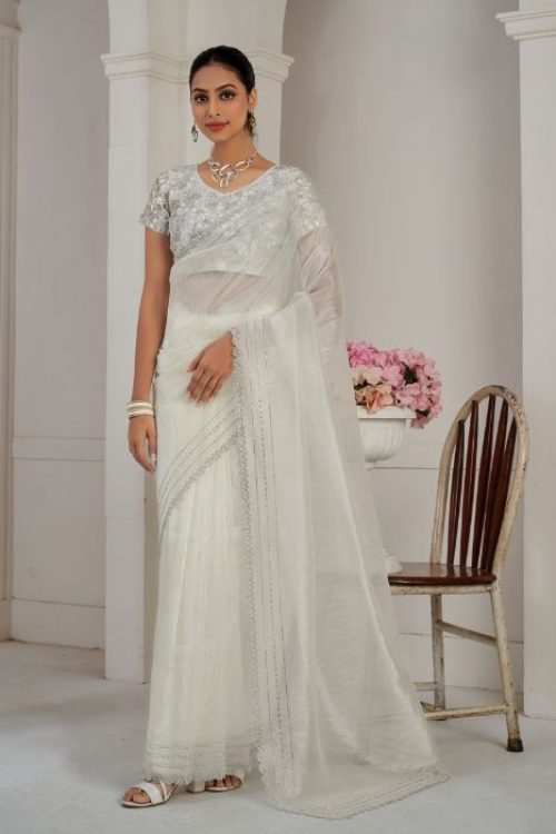 White Sequin & Saroski Designer Organza Silk Saree