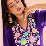 Purple V Neck Hand work Organza Kurti & Pant Set
