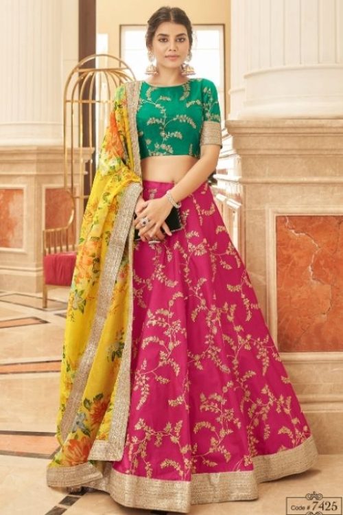 Pink Floral Organza Silk Lehenga with Green Blouse