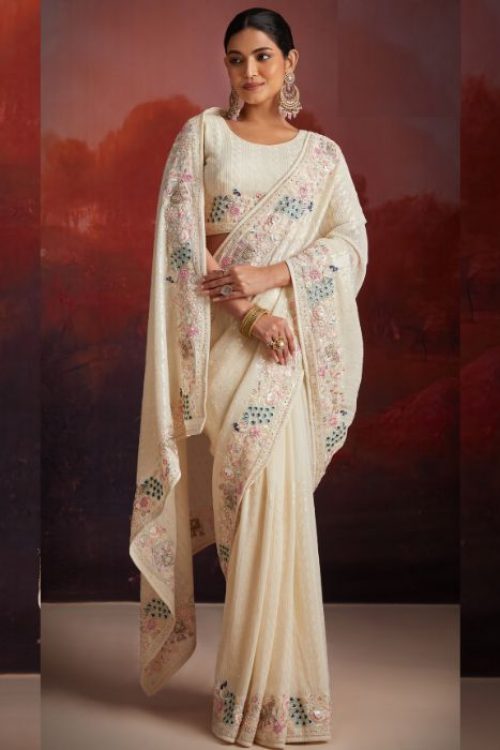 White Georgette Sequin Sequin Styled Woman Saree