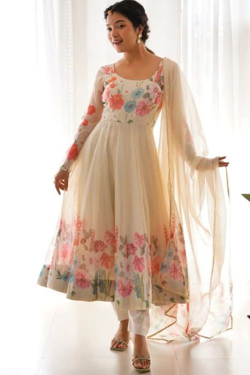 Floral Print Anarkali Kurta with Pants & Dupatta