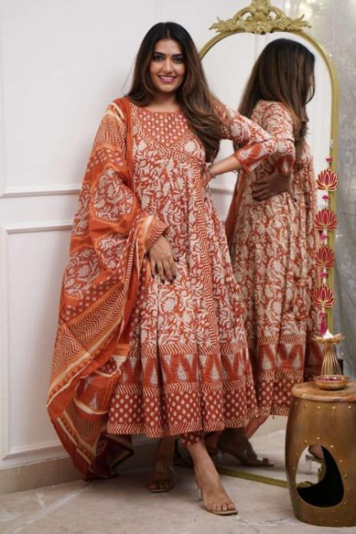 Orange Printed Cotton Frock Suit Design For women with Sanganeri Print