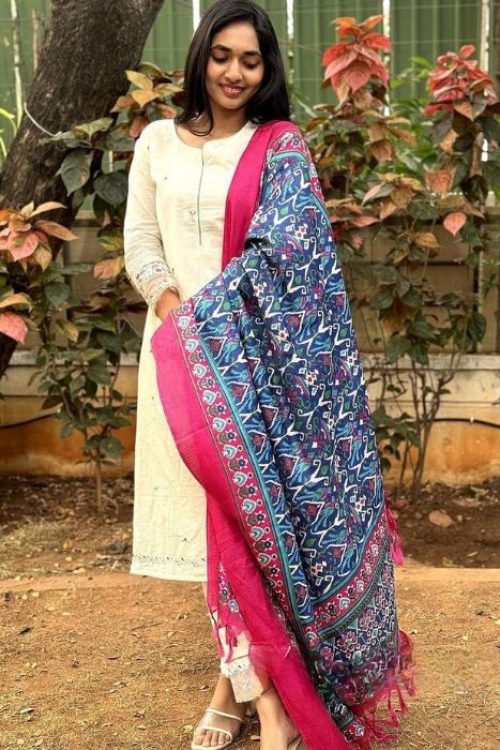 Handloom Cotton Off White Straight Pant Kurti with Printed Dupatta