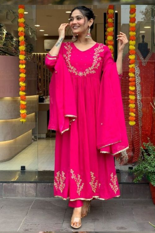 Pink Women Frock Style festive Kurti Set