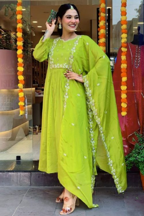 Green Rayon Straight Pant Kurti with Dupatta with Embroidery